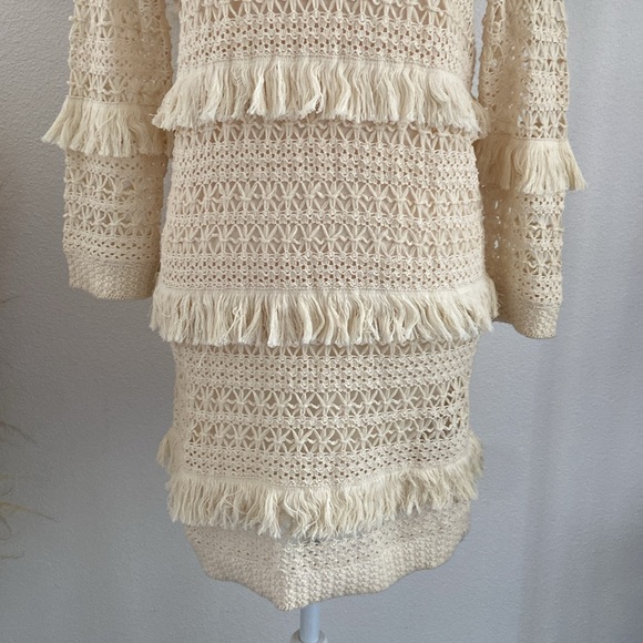 Volcom cream crochet mini dress tiered fringe low back cocoknit vacation medium - Picture 8 of 16